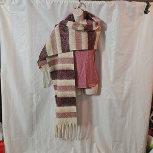 FRYE AND Co Blanket  Scarf size 84X 14 Cream,  Mauve and Burgundy Strip NWT